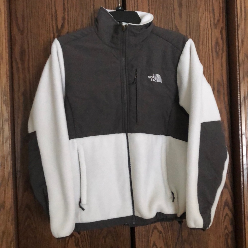 Gray and White North Face Fleece